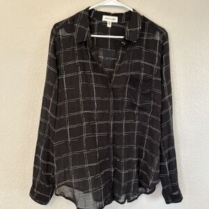 Cloth & Stone Sheer Button Front Blouse Shirt Women's Size L Anthropologie Black